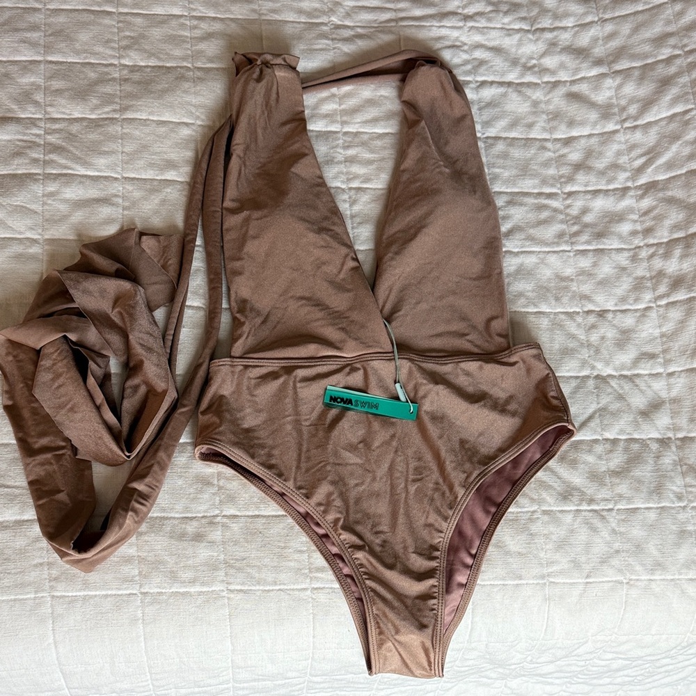 Fashion Nova Mauve Brown Halter One-Piece Swimsuit